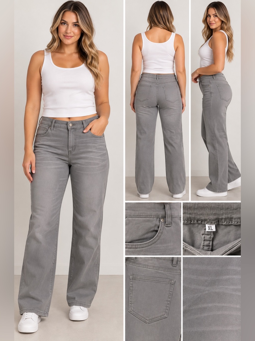High-Rise Wide-Leg Jeans in Light Gray